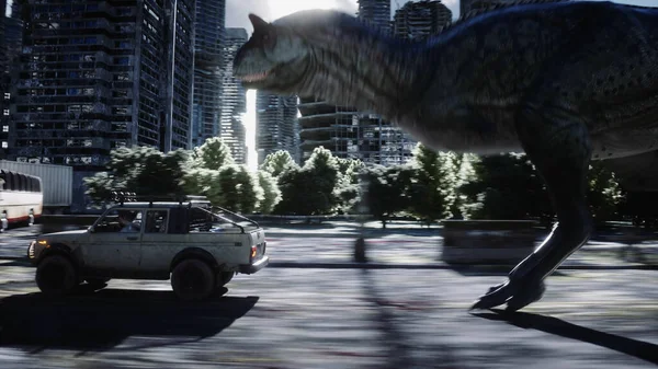 Dinosaur rex running behind the car in destroyed city. Dinosaurs apocalypse. Concept of future. 3d rendering. — Stock Photo, Image