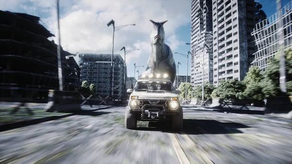 Dinosaurus rex loopt achter de auto in verwoeste stad. Dinosaurusapocalyps. Het concept van de toekomst. 3d destructie. — Stockfoto