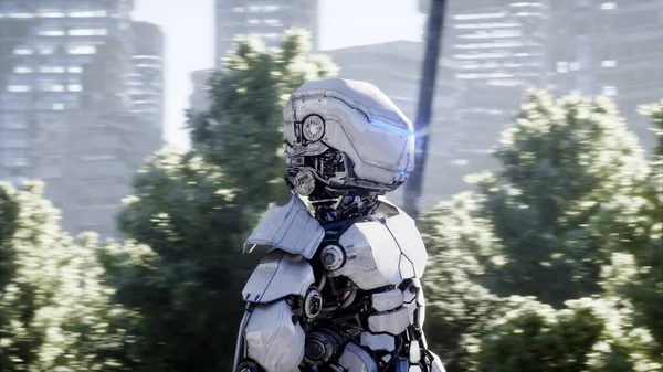 Robot militaire dans la ville détruite. Futur concept d'apocalypse. Rendu 3d . — Photo
