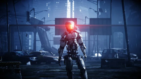 Katonai robot megsemmisült városban. Jövőbeli apokalipszis koncepció. 3D-s renderelés. — Stock Fotó