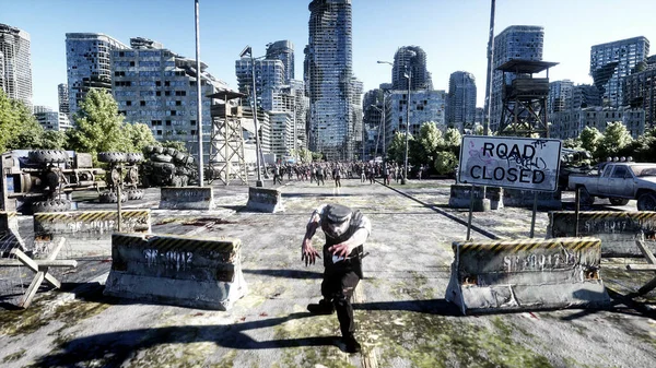 Horor zombie dav kráčí. Zničené město. Pohled na apokalypsu, koncept. 3D vykreslování. — Stock fotografie