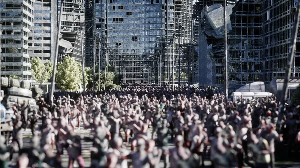 horror zombie crowd walking. Destroyed city. Apocalypse view, concept. 3d rendering.