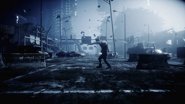Polisen zombie i mörk förstörd stad. Dimma dramatisk natt. Begreppet zombieapokalyps. 3d-konvertering. — Stockfoto