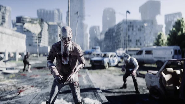 Terrible zombie in destroyed city. Zombie apocalypse concept. 3d rendering.