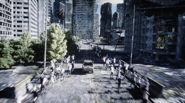 Das Auto geht weg von der Verfolgungsjagd Menge Zombies. Zerstörte Stadt. Schnelles Fahren. Zombie-Apokalypse-Konzept. 3D-Darstellung. — Stockfoto