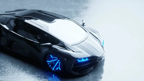 Чорний футуристичний електричний автомобіль з синім світлом. Концепція майбутнього. 3D візуалізація . — стокове фото