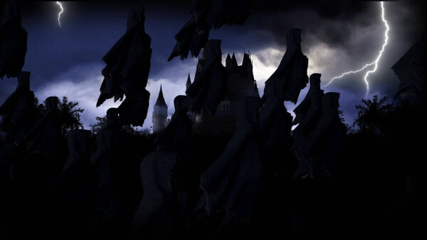 Mystery dark castle with ghosts. Fear. 3d rendering