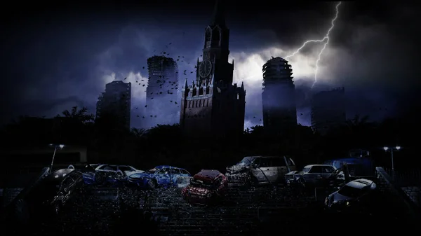 Apocalipsis Moscú ciudad en la niebla. ciudad destruida. Concepto de Apocalipsis. renderizado 3d . — Foto de Stock