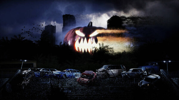 Big scary pumpkin in apocalypse city in fog. Aerial View of the destroyed city. Halloween concept. 3d rendering