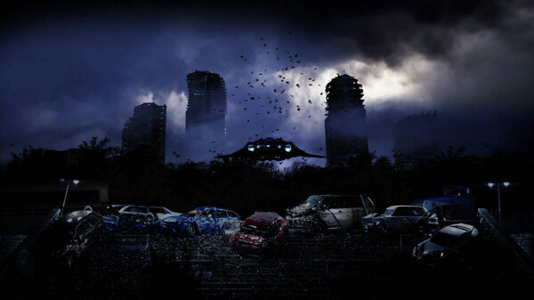 Apocalypse city in fog. Aerial View of the destroyed city. Apocalypse concept. 3d rendering
