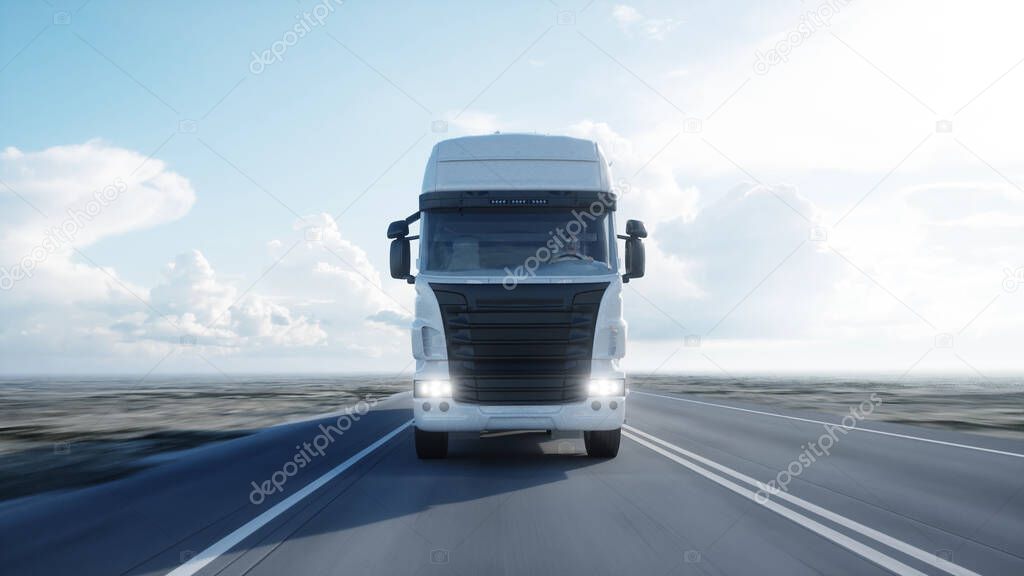 white truck. trailer on the road, highway. Transports, logistics concept. 3d rendering.