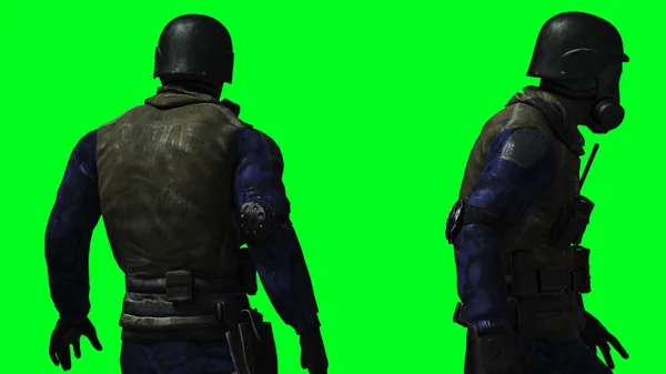 Військовий солдат ізолюється на зеленому екрані. 3D візуалізація . — стокове фото