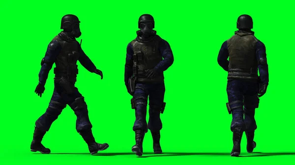 Militärangehörige isolieren sich auf grünem Bildschirm. 3D-Darstellung. — Stockfoto