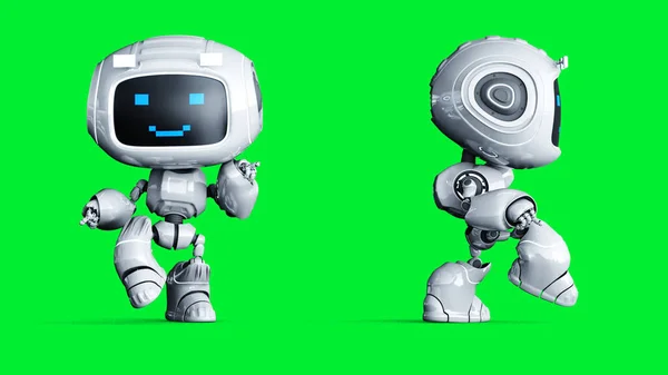 Witte glimlachende speelgoedrobot animatie. 3d destructie. — Stockfoto