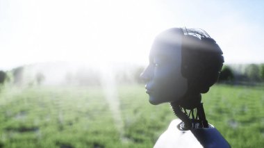 Dişi robot çim tarlasında yürüyor. Bilim kurgu şehri geçmişi. Gelecek kavramı. 3d oluşturma.