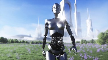 Dişi robot çim tarlasında yürüyor. Bilim kurgu şehri geçmişi. Gelecek kavramı. 3d oluşturma.