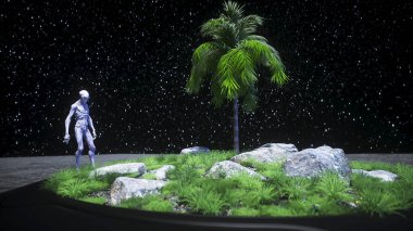 Aydaki uzaylı. Ufo konsepti. 3d oluşturma.