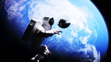 Astronot ve insan kafatası, cam küre içinde uzayda. Kıyamet konsepti. 3d oluşturma.