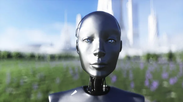 女机器人在草地上行走。科幻城市背景。未来的概念。3d渲染. — 图库照片
