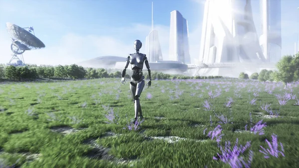 Female robot walks grass field . Sci fi city background. Concept of future. 3d rendering.