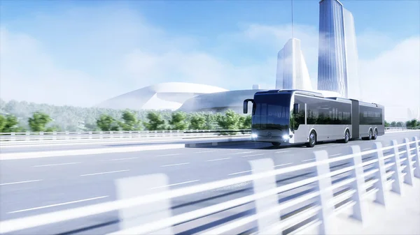 3D-modell av passagerarbuss mycket snabb körning på motorvägen. Futuristiska staden bakgrund. 3d-konvertering. — Stockfoto