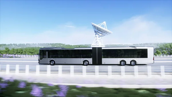 Modello 3d di autobus passeggeri guida molto veloce in autostrada. Sfondo futuristico della città. rendering 3d . — Foto Stock