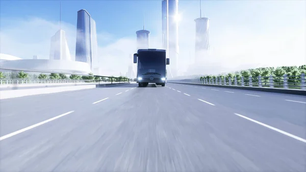 3d model van personenbus zeer snel rijden op de snelweg. Futuristische stad achtergrond. 3d destructie. — Stockfoto