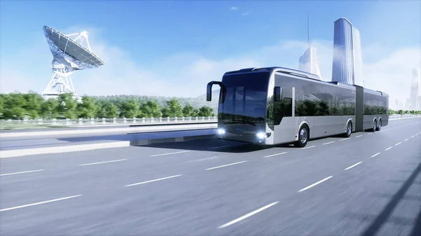 Modello 3d di autobus passeggeri guida molto veloce in autostrada. Sfondo futuristico della città. rendering 3d . — Foto Stock