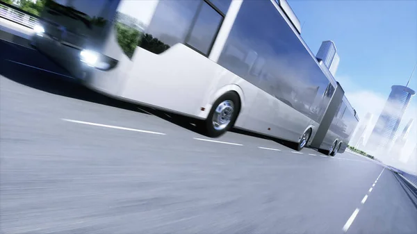 Modelo 3d de autobús de pasajeros conducción muy rápida en la carretera. Fondo futurista de la ciudad. renderizado 3d . —  Fotos de Stock