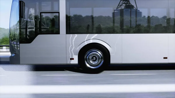 Model 3d autobusu pasażerskiego bardzo szybka jazda po autostradzie. Futurystyczne tło miasta. 3d renderowanie. — Zdjęcie stockowe