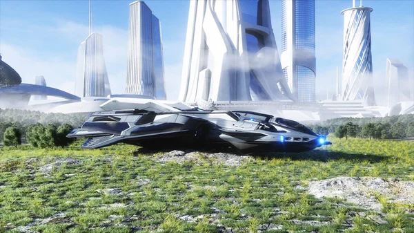 Футуристичний корабель і місто. Концепція майбутнього. Вид з повітря. 3D візуалізація . — стокове фото