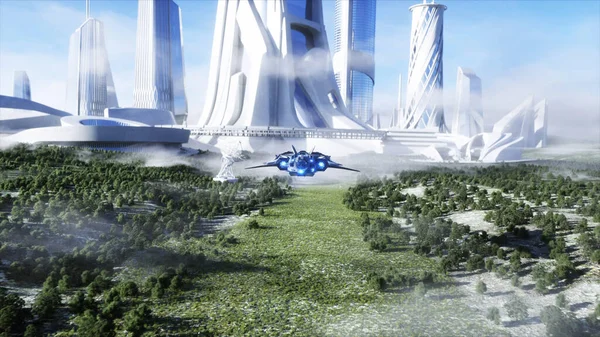Nave futurista y ciudad. Concepto futuro. Vista aérea. renderizado 3d . — Foto de Stock