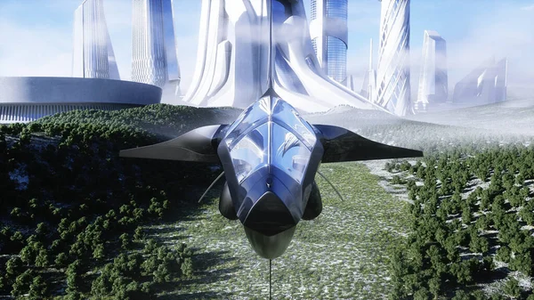 Vaisseau spatial futuriste et statue de la liberté. Concept futur. Vue aérienne . — Photo