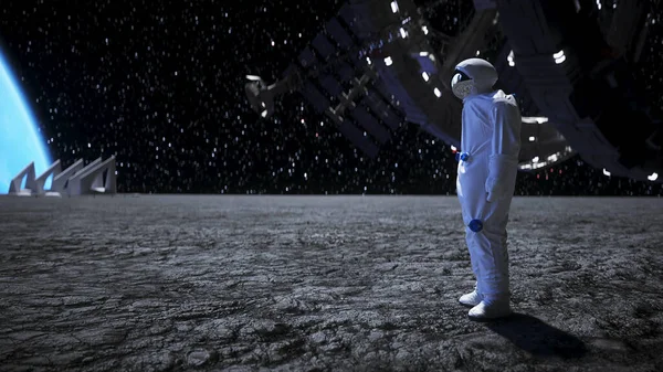 L'astronaute sur la lune reste inactif. 3d rendu . — Photo