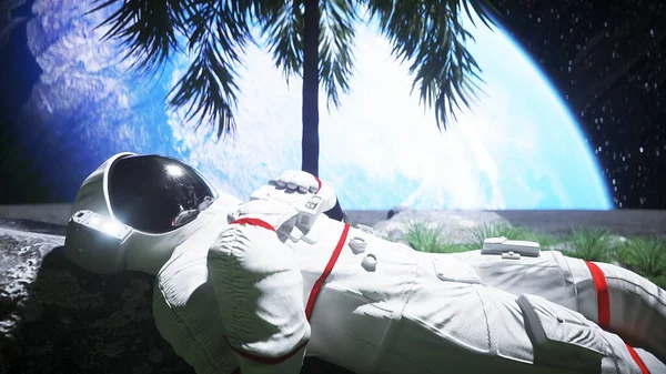 Астронавт бездействует на лунном оазисе. 3d-рендеринг . — стоковое фото