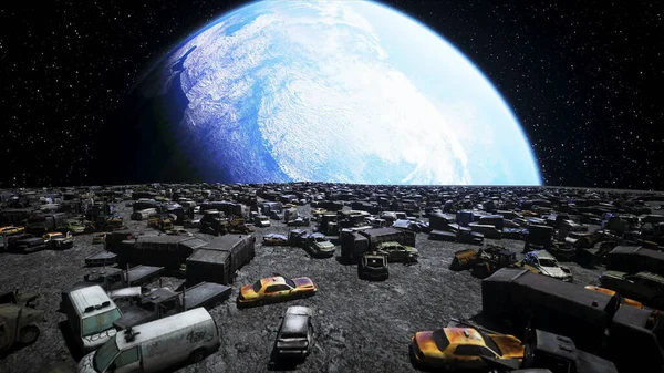 Volcado de autos en la luna. Concepto de ecología. renderizado 3d . — Foto de Stock