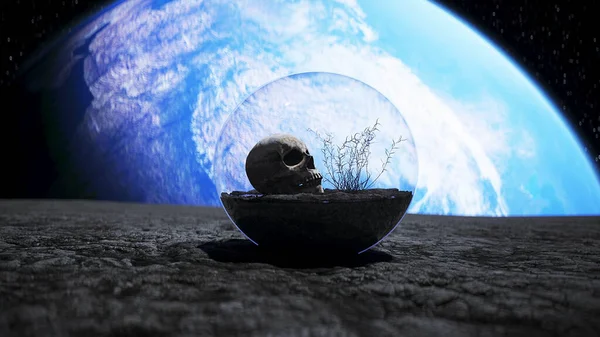 ガラス球の宇宙空間の頭蓋骨です。黙示録の概念。3Dレンダリング. — ストック写真