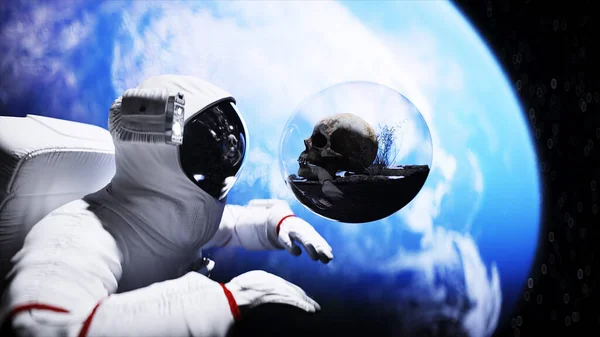 Astronauta e crânio humano no espaço exterior na esfera de vidro. Conceito do Apocalipse. Renderização 3d . — Fotografia de Stock