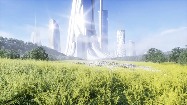 Ville futuriste. Concept futur. Vue aérienne. Rendu 3d . — Photo