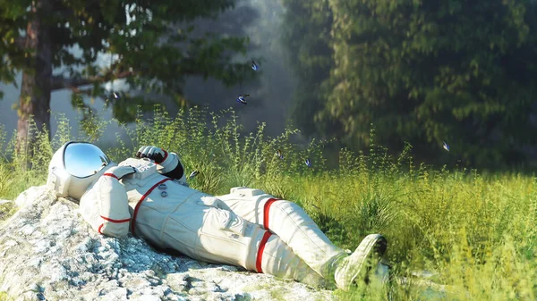 우주 비행사 가 숲에서 쉬고 있어. 개념. 3d 렌더링. — 스톡 사진