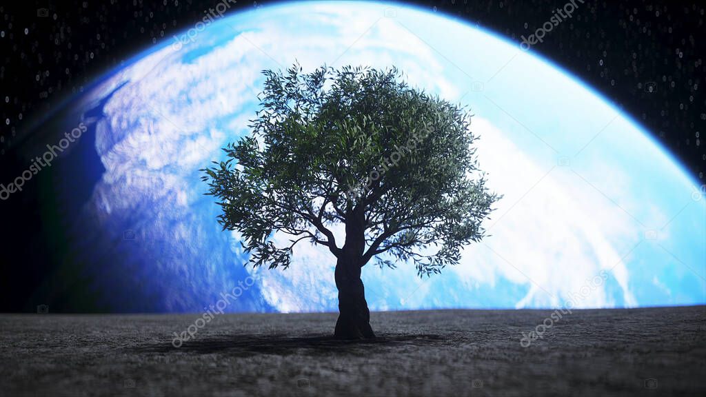 tree on the moon in outer space. 3d rendering.