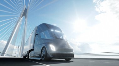 Köprüde gelecekteki elektrikli kamyonun 3D modeli. Elektrikli otomobil. 3d oluşturma.