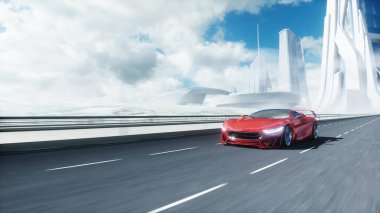 Otobanda 3D fütürist kırmızı elektrikli araba modeli. Çok hızlı sürüyorsun. Gelecek konsepti. 3d oluşturma.