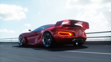 Otobanda 3D fütürist kırmızı elektrikli araba modeli. Çok hızlı sürüyorsun. Gelecek konsepti. 3d oluşturma.