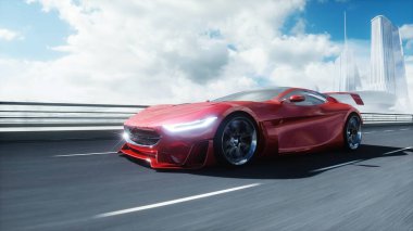 Otobanda 3D fütürist kırmızı elektrikli araba modeli. Çok hızlı sürüyorsun. Gelecek konsepti. 3d oluşturma.