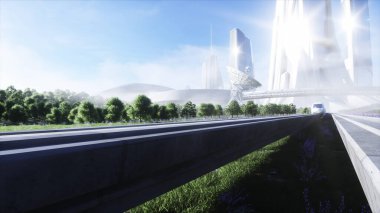 Fütürist bilim tek raylı tren. Gelecek kavramı. Gelecekçi şehir geçmişi. Çimen tarlası. 3d oluşturma.