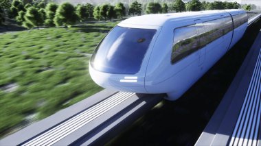 Fütürist bilim tek raylı tren. Gelecek kavramı. Gelecekçi şehir geçmişi. Çimen tarlası. 3d oluşturma.