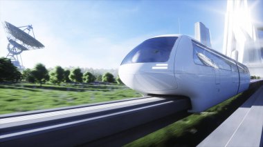 Fütürist bilim tek raylı tren. Gelecek kavramı. Gelecekçi şehir geçmişi. Çimen tarlası. 3d oluşturma.