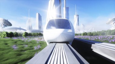 Fütürist bilim tek raylı tren. Gelecek kavramı. Gelecekçi şehir geçmişi. Çimen tarlası. 3d oluşturma.