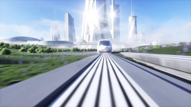 Fütürist bilim tek raylı tren. Gelecek kavramı. Gelecekçi şehir geçmişi. Çimen tarlası. 3d oluşturma.